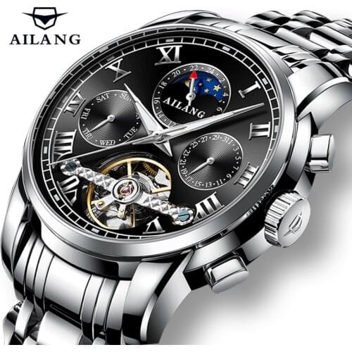 AILANG 2021 New Mens Three Eye Dial Business Calendar Week Moon Phase Luminous Waterproof Stainless Steel Belt Watches 8508