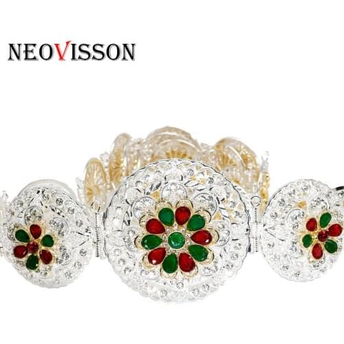 NEOVISSON Gold Silver Color Plating Crystal Flower Metal Waist Belt for Women Algeria Caftan Waist Chain Wedding Jewelry