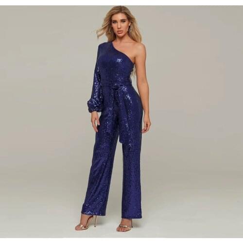 Newest Women Blue One Shoulder Blet Zipper Sexy Fashion Jumpsuit 2020 Solid Elegant Club комбинезон женский Verano Wholesale