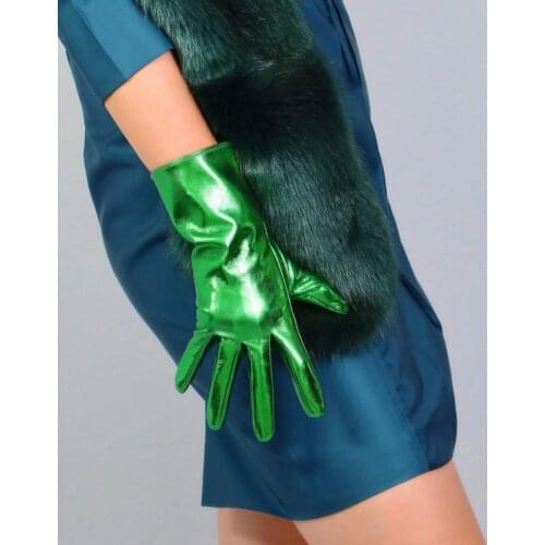 LATEX SHORT GLOVES Faux Shine Patent Leather 11" 28m Electric Green Wrist Long Women Leather Gloves WPU255