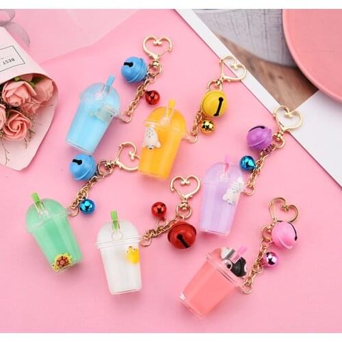 Floating Cute Animal Acrylic Milk Bottle Keychain Moving Liquid Quicksand Drift Bottle Keyring for Women Bag Pendant Keyholder