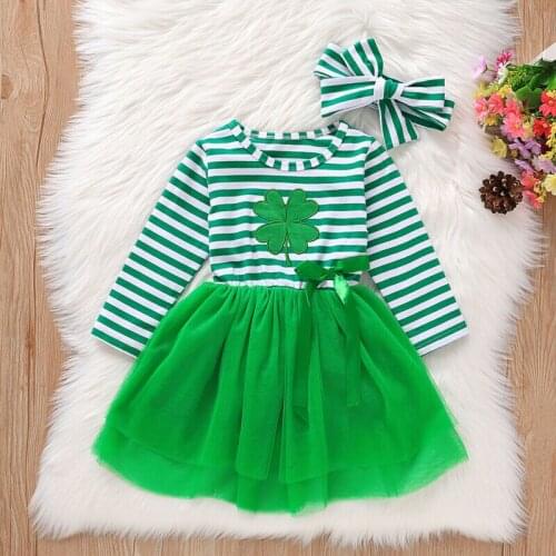 Dropshipping 2pcs Baby Kid Girl Dress St.Patricks Day Clothes Striped Lace Long Sleeve Party Princess Tutu Dress Headband