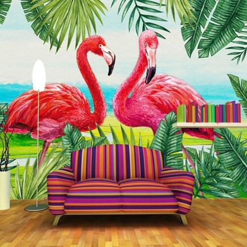 Dropship Custom Mural Wallpaper Nordic Style Hand Painted Plant Flamingo TV Background Devor Ropical Wallpaper Bedroom Decor