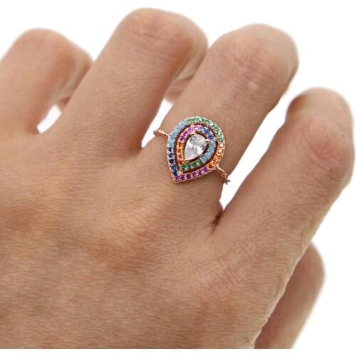 Rainbow cz tear drop charm adjust chain ring Rose gold color 2019 new design fashion jewelry promotion