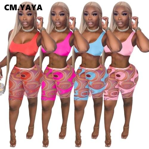 CM.YAYA Sport Yoga Womens Tracksuit Wave Shorts Legging Set with Tank Tops Matching Two 2 Piece Set Oufits Active Sweatsuit