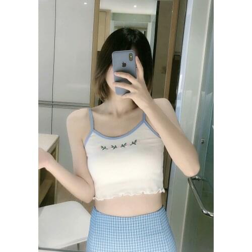 Slim Girls Soft Cotton O Neck Camis 2021 Summer Fashion Ladies High Street Women Floral Embroidery Sexy Camisole Top