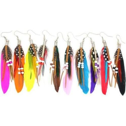 Tassel Dangling Earrings Colorful Feather Leather Beads Earrings Indian Feathers 2018 Summer Womens Fashion Jewelry 1 Pair Hot