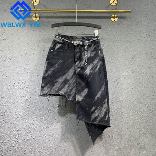 Summer Tie dye Denim Skirt Women Pocket Asymmetry Fashion High Waist Midi Long Skirt Female Loose A-Line Jeans Skirts With Belt