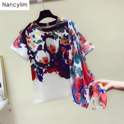 Korean Style New Summer Top Ladies Loose Personality Stitching Asymmetric Graffiti Color Short-Sleeved T-Shirt Women Tees