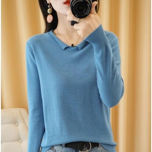 Spring Autumn Folded V-Neck Sweater Women Elegant Fashion Pure Cotton Knitted Pullovers Solid Color Full-Sleeved Loose Outer Top