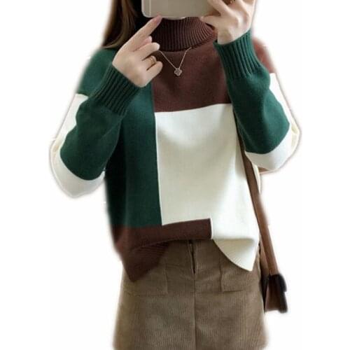 Womens Knit Sweater 2019 New High Collar Contrast Knit Sweater Autumn Winter Long Sleeve Fashion Joker Bottoming Shirt A674