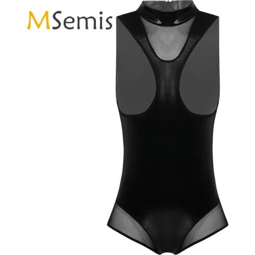 Womens Lingerie Patent Leather Bodysuit Mesh Patchwork Nightwear High Neck Open Front Catsuit Leotard Nightclub Stage Costume