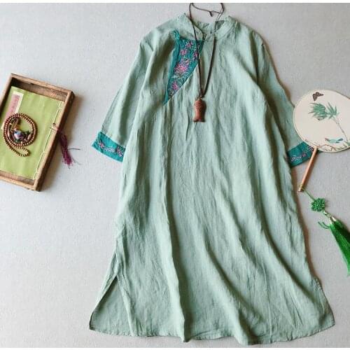 Women Dress Embroidery 2021 Summer Cotton Linen O neck Half Sleeve Vintage Fashion A line Women Robe YoYiKamomo