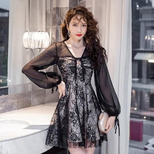 Fashion Vintage Sexy Chiffon Perspective Long Sleeve Midi Party Dress Ladies Elegant Casual Streetwear Folds Black Short Dress