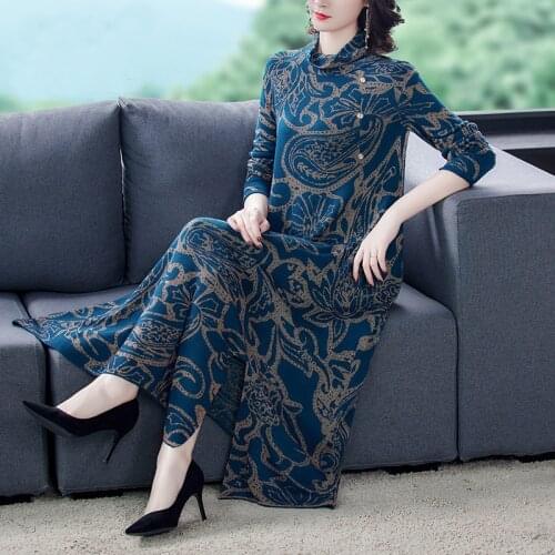 2021 Casual Loose Print Knitted Turtleneck Wool Sweater Dresses Autumn Winter 3XL Plus Size Vintage Elegant Bodycon Long Sweater