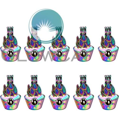 10x C821 Rainbow Color Cactus Potted Plant Beads Cage Jewelry Making Essential Oil Diffuser Pearl Cage Locket Pendant