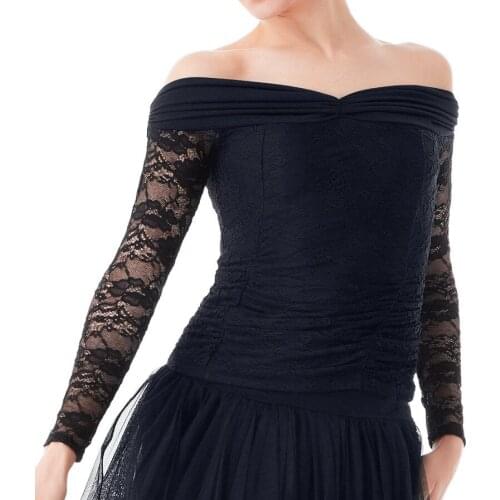 2018 Latin fantasy dance Tops for women black lace long sleeve high quality fabrics woman shirt Living room competitive Shirts