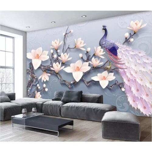 CJSIR Custom Embossed Magnolia Peacock Landscape 3D Wall Paper Roll Mural Wallpaper for Living Room Sofa Bedroom TV Backdrop