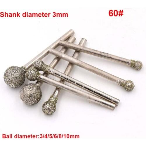 5PCS 3~10mm 60# Round Spherical Diamond Grinding Head Grind Needle Cutter For Stone Drill Metal Shank 3mm