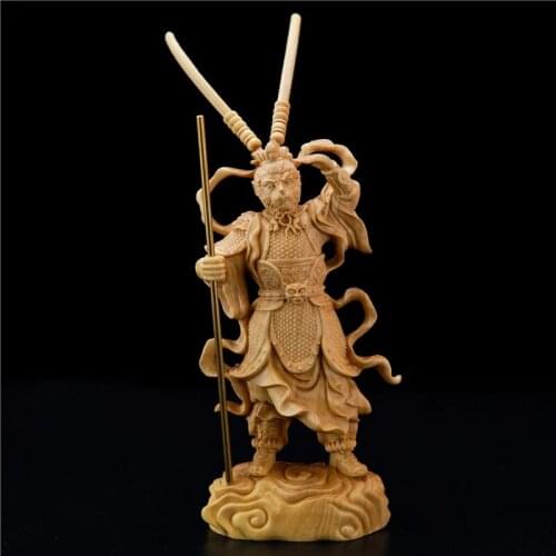 CCZHIDAO Sun Wukong Monkey King 18CM Wood Statue Chinese Boxwood Gift Carved Decor Figurine Home Decoration Miniature