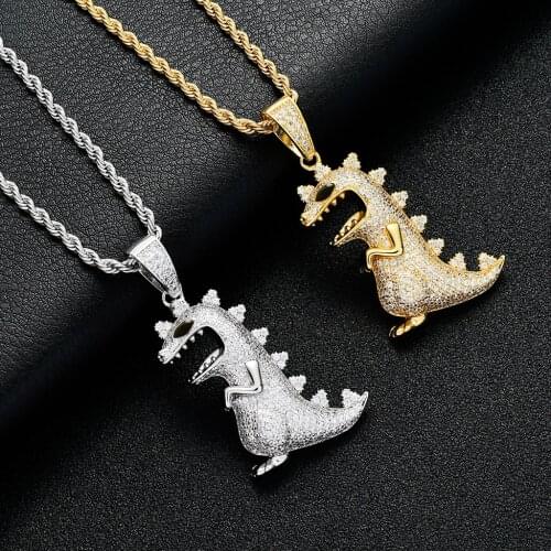 Trendy Cartoon Dinosaur Stegosaurus Hip Hop Gilded Iced Out Cubic Zircon Pendant Necklace 24'' Chain Charms Bling Jewelry
