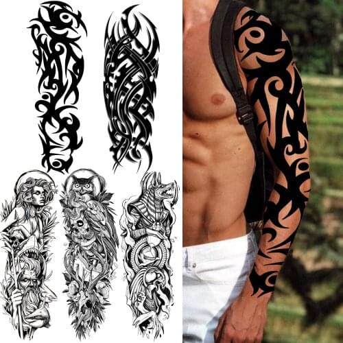 Black Totem Tribal Temporary Sleeve Tattoos For Men Women Fake God Owl Tattoo Sticker Body Art Painting Tatoos Full Arm Kids