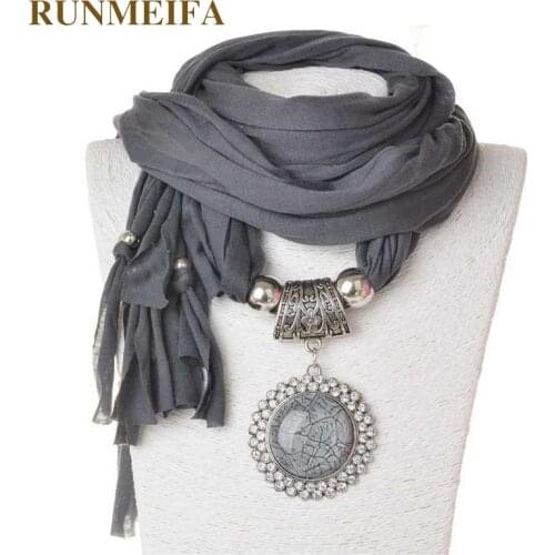 RUNMEIFA Long Scarves Pendant Necklace Solid Women Oval Shaped Charm With Big Glass Stones Scarves 5 Colors Available