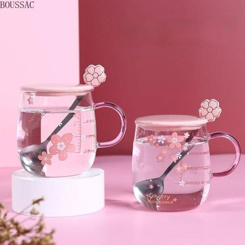 Exquisite glass water cup with lid spoon heat-resistant flower tea cup coffee cup girly cute home office suitable for gifts