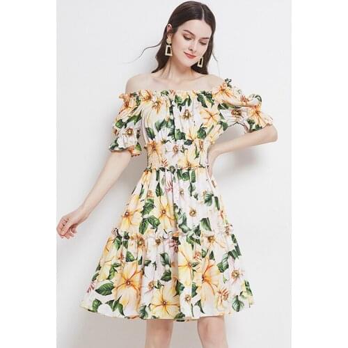 JSXDHK Runway Fashion Summer Holiday Dress Sexy Women Slash Neck Yellow Camellia Flower Printed Ruffles Elastic Waist Knee Dress
