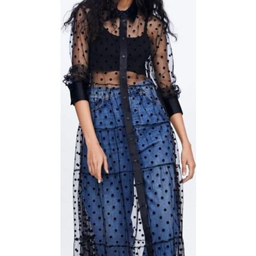 Summer Boho Long Maxi Dress Women Evening Party Dress Female Sexy See-Through Wave point Long Sleeve Sundress