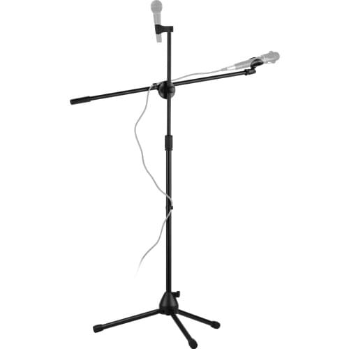 Microphone Tripod Stand Boom Floor Model Adjustable Height Light Weight Heavy Duty Collapsible with 2 Mic Clip Holders Black