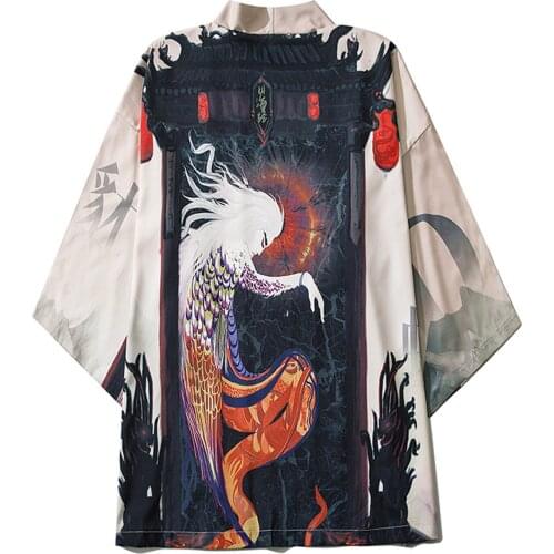 Men Casual Loose Shirts Kimono Open Front 3/4 Sleeve Japanese Style Anime Kimono Print Cover Up Cardigan Vintage Clothing