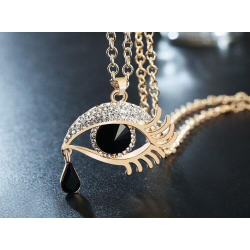 Gold Color Black Big Evil Eyes Tears Necklace Long Sweater Chain For Women 2021