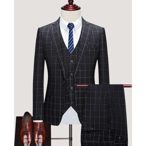 Blazers Jacket Pants Vest 3 Pcs Set / 2021 Fashion New Mens Casual Boutique Wedding Groom Plaid Suit Coat Waistcoat Trousers
