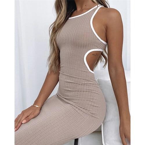 Summer Women Plain Cut Out Tank Midi Dress 2021 New Femme Elegant Bodycon Colorblock Casual Robe Office Lady Prom Outfits traf