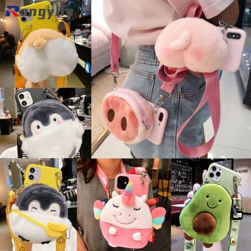 Cute Pig Plush Wallet Phone Case For OPPO A94 A74 A54 A94 A55 A93 A74 A15 A35 A15S A53 A73 A72 A92 A52 Cover Unicorn + Lanyard