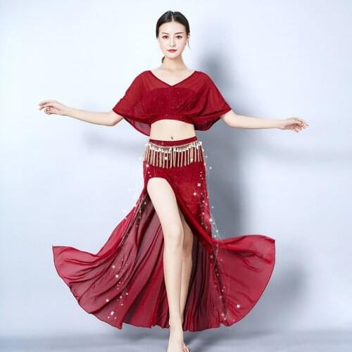 2019 Spring New Dance Class Wear Top Skirt Wide Sleeves V-neck Split Skirts Belly Dance Costume 2pcs for Girls