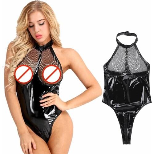 Women Exotic Teddies Wetlook Patent Leather Sleeveless Halter Neck Mesh Fishnet Bust Zipper Crotch Leotard Bodysuit Swimsuit