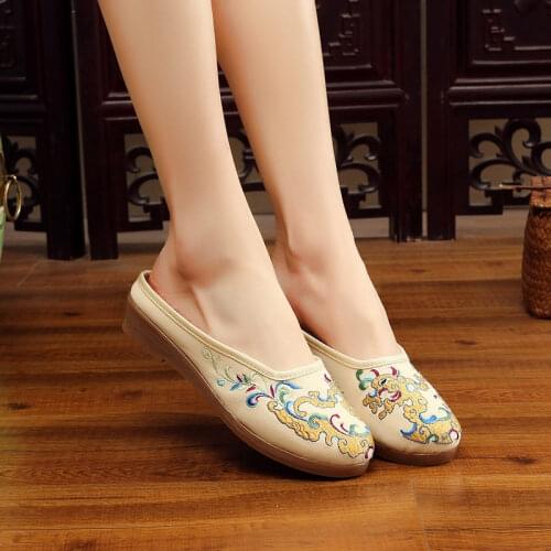 YourSeason Ladies Canvas Close Toe Shoes Summer Elegant Women Cotton Fabric Flat Slide Slippers Retro Chinese Embroidered