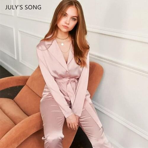 JULYS SONG Pajamas Set For Women Sleepwear Satin Pure Color Belt Long Sleeve Trousers 2 Pieces Spring Loose Faux Silk Homewear