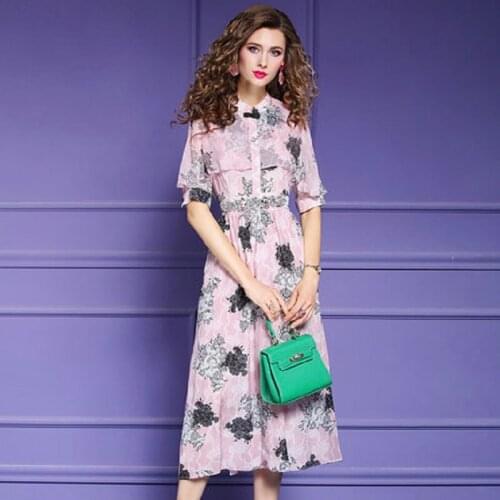Real silk 2021 printed womens summer dress fashionable low waist mulberry silk slim Party A-line short sleeve long Dress XXXL