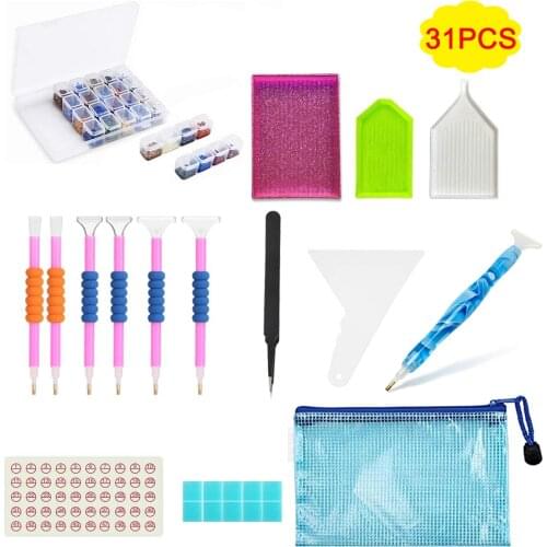 31 Pieces 5D Diamond Painting Accessories Kits Diamond Painting Resin Pen Tool Sets with 28 Slots Storage Box for DIY Art Crafts