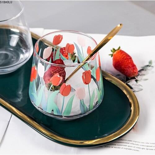 390ML Japan and South Korea Ins Hand-painted Tulip Flower Glass Cup Household Heat-resistant Drinking Cup Big Belly Mousse Cup