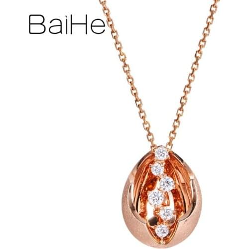 BAIHE Solid 14K Rose Gold Total 0.20ct H/SI Natural Diamonds Trendy Wedding Fine Jewelry beautiful Water droplets Gift Pendant