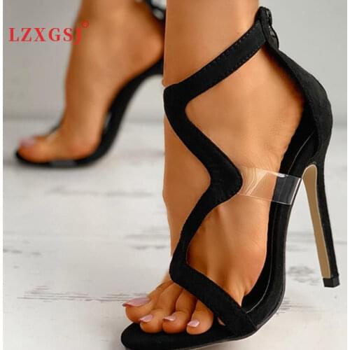 Black Women Sandals Fashion Pumps Shoes Female Sexy High Heels Back Zip Open Toe Sandals Transparent Empty Ladies Shoes