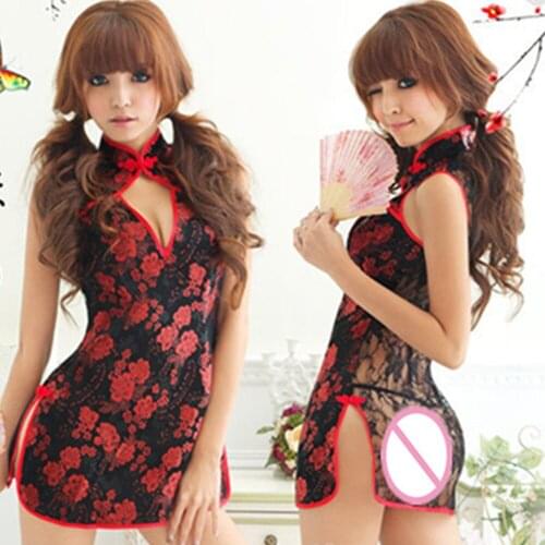 2018 New Black Lace Button Mandarin Collar Cheongsam Transparent Sexy Underwear Sexy lingerie Baby Dolls Women Exotic Apparel