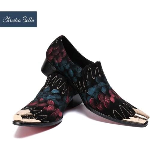 Christia Bella New Fashion Suede Leather Men Business Shoes Plus Size Stripe Printing Metal Square Toe Formal Dress Shoes