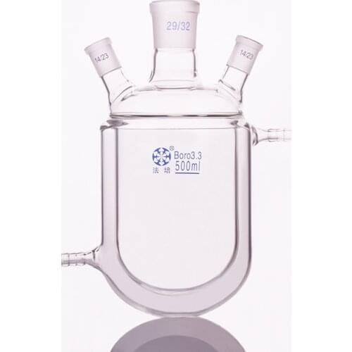 Double-deck cylindrical three oblique necks round bottom flask,500ml,Mid 29/32,Side 14/23,Mezzanine jacketed reactor bottle