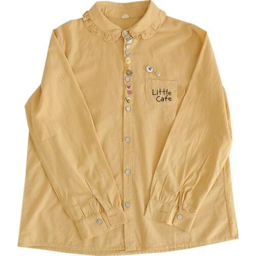 FairyNatural Women Unique Colorful Buttons Cup Sahped Pocket Shirts Design Kawaii Long Sleeve Cotton Blouse Cartoon Tops Girl