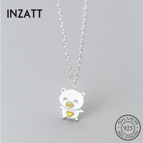 INZATT Cute Cartoon Lovely Pig Animal Pendant Necklaces Real 925 Sterling Silver Choker Fine Jewelry For Women Party Accessories